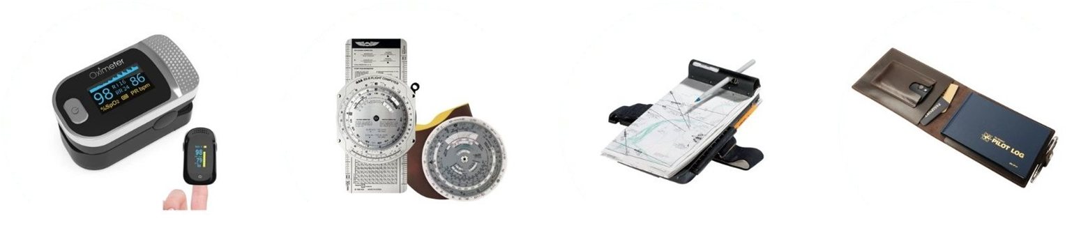 Pilot flight supplies: pulse oximeter, flight computer, kneeboard and logbook at the SAC Shop