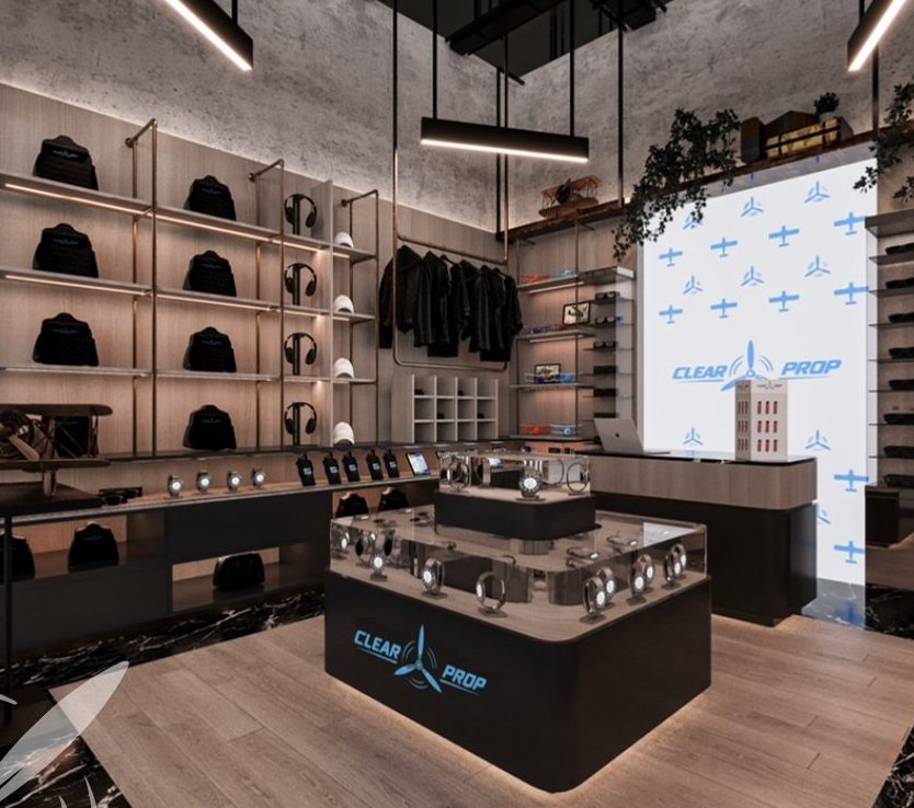 3D rendering of the SAC Shop interior with pilot headsets, caps and apparel on display